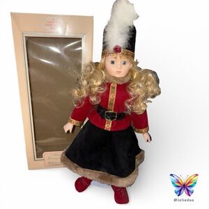 Elegant Red and Black hand painted Porcelain Doll with Gold Trim + Display Stand